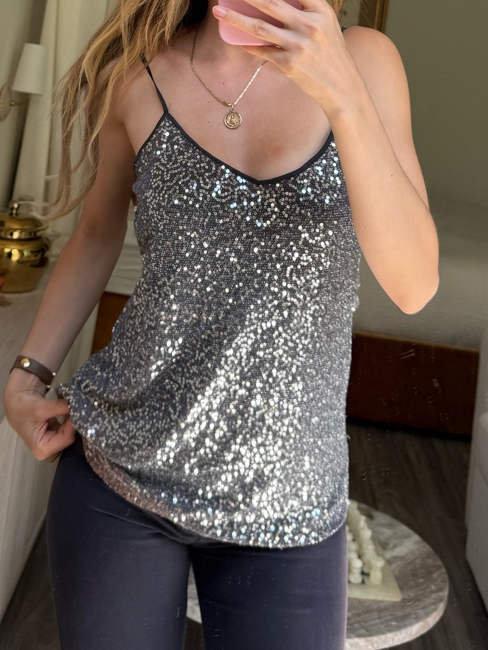 Express Y2K Silver Sequin Cami Tank Top Party Club Going Out Medium